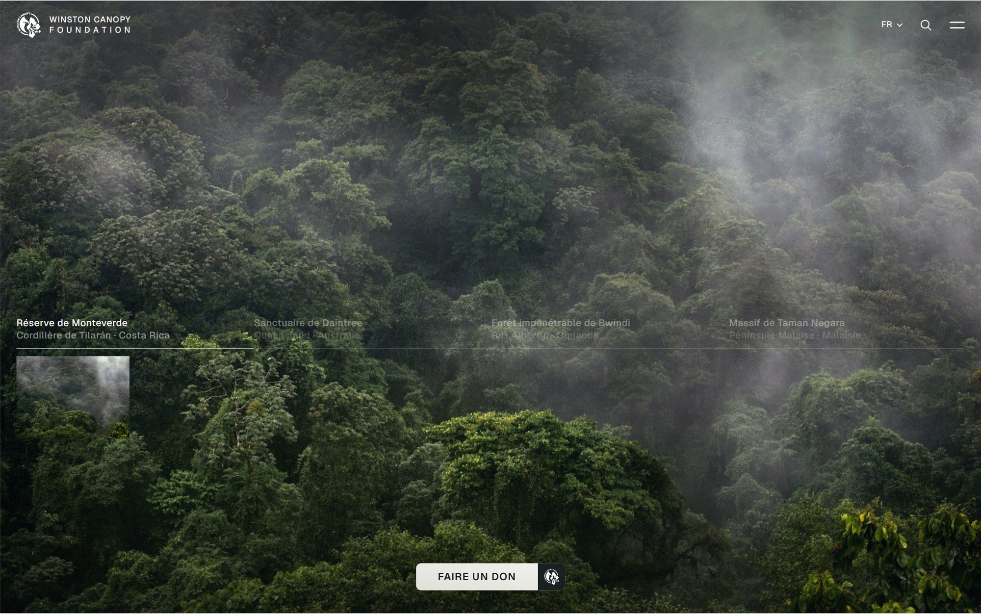 Maquette de webdesign (Winston Canopy Foundation) : Page d'accueil du site de la Winston Canopy Foundation : ses quatre sanctuaires forestiers