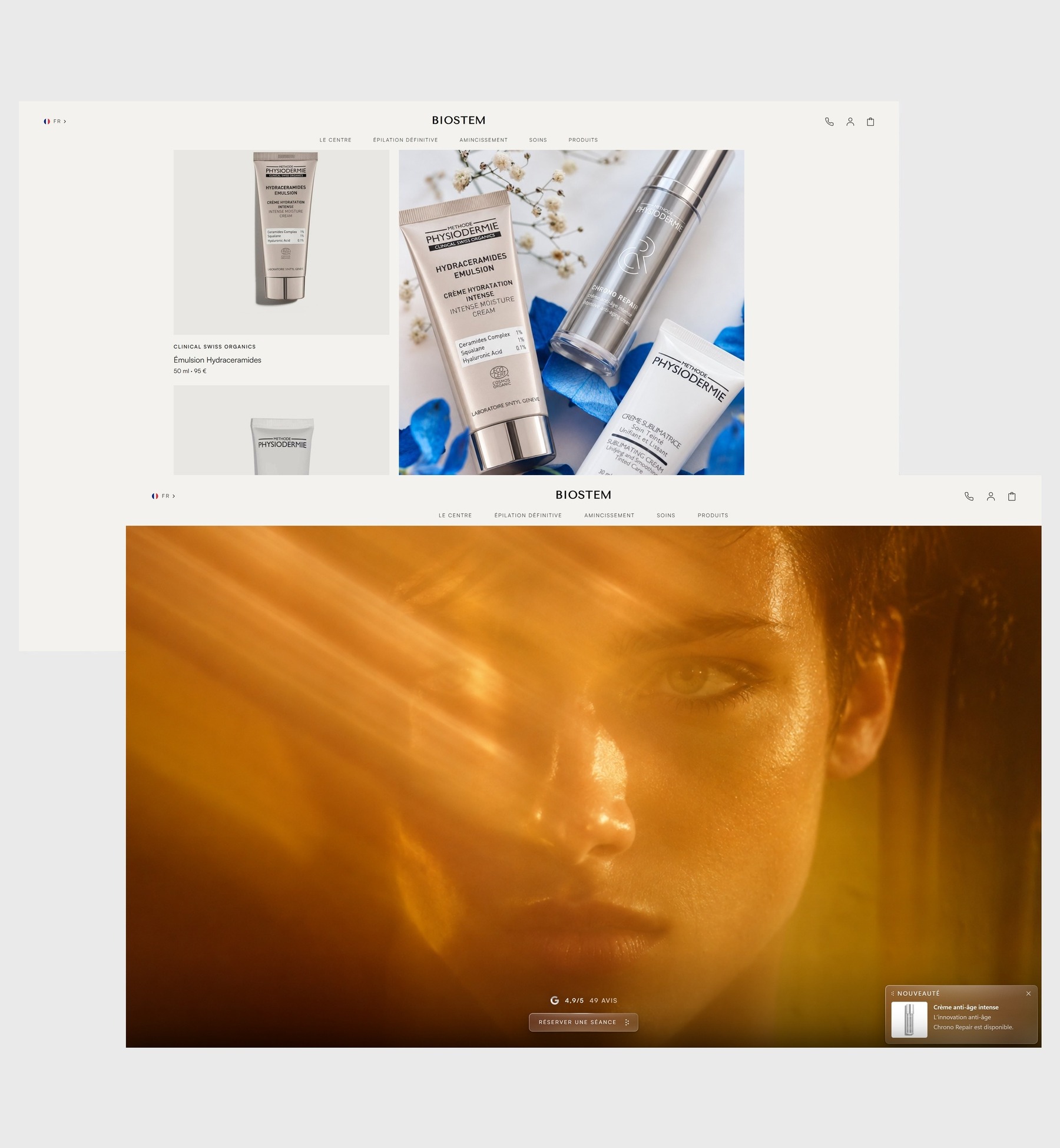 Maquette du site Biostem : page boutique de soins et bannière d'un visage de femme dans une lumière orangée