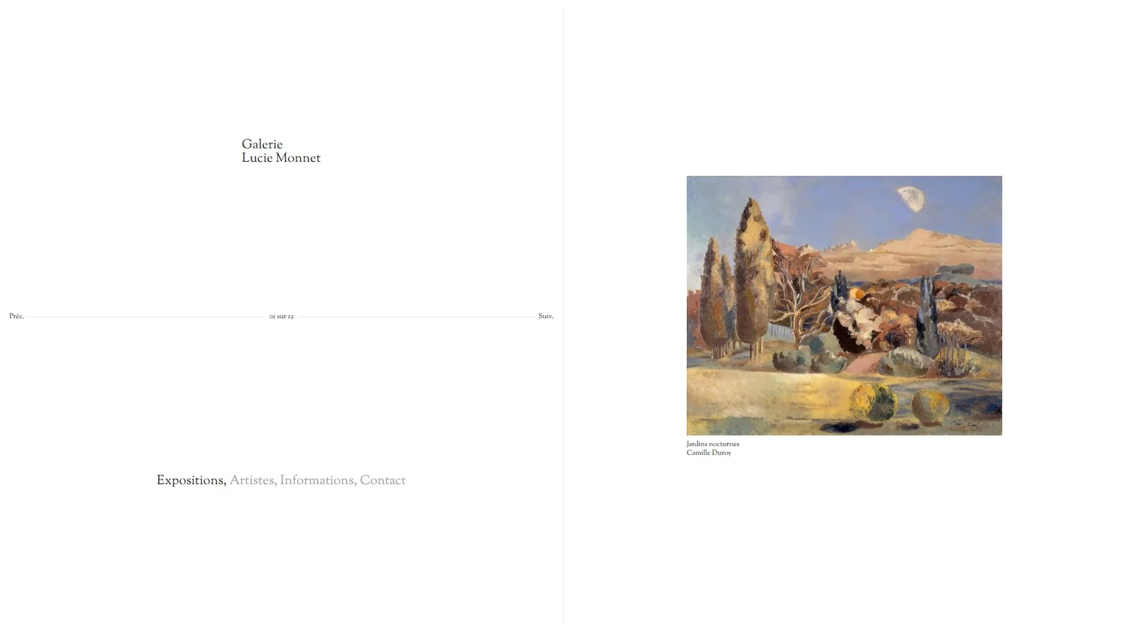 Galerie Lucie Monet — site web de galerie d'art, deux pages ouvertes côte à côte : l'accueil éditorial et une œuvre de Camille Duroy
